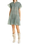 Isabel Marant Étoile Lanikaye Pintuck Pleat Tiered Cotton Babydoll Dress In Green-lt