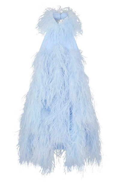 Attico Feather-trim Light Blue Halterneck Mini Dress In Ice