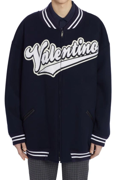 Valentino Blue Embroidered Logo Wool Bomber Jacket