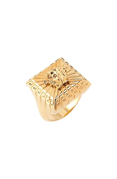 Versace First Line Medusa Square Signet Ring In Versace Gold