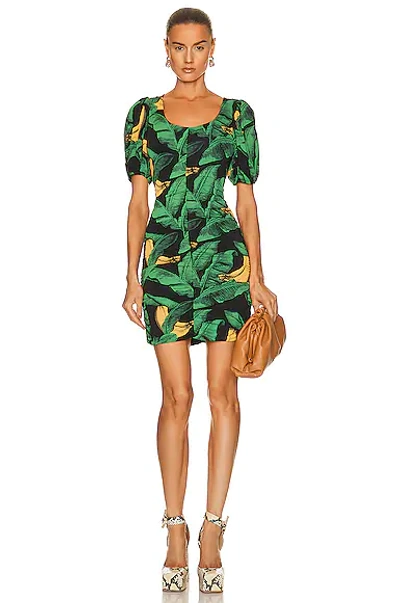 Ganni Printed Drapey Jersey Mini Dress In Black