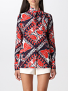 Valentino Logo Bandana-print Scarf-neck Silk Blouse In Red