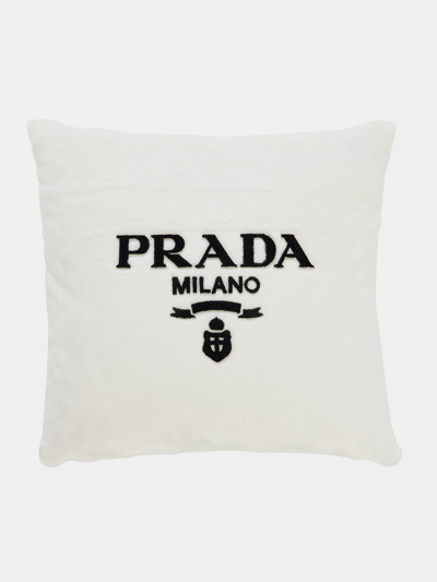 Prada Flocked Logo Pillow In White