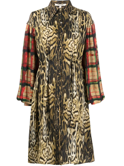 Roberto Cavalli Leopard-print Check-sleeve Dress In Neutrals