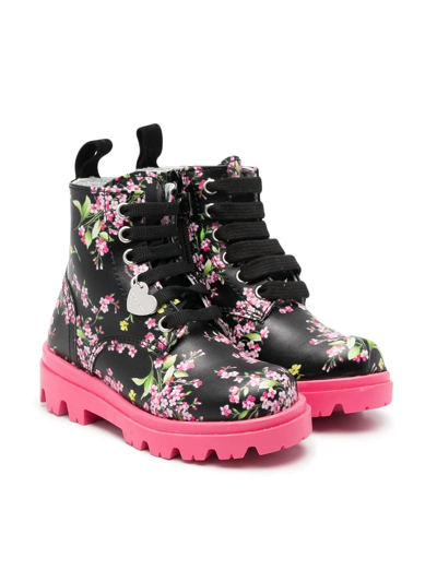 Monnalisa Kids Black Floral Print Ankle Boots
