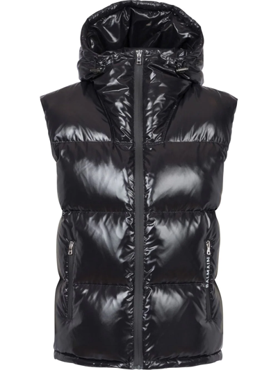 Balmain Puffer Hooded Sleeveless Jacket In Noir