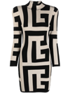 Balmain Mega Monogram Long Sleeve Wool Blend Minidress In Neutrals