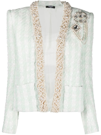 Balmain Embellished Tweed Jacket In Vert