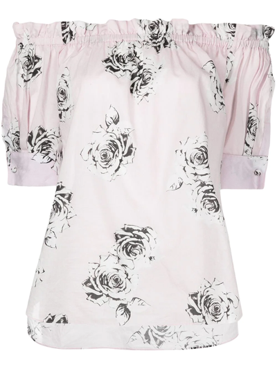 Adam Lippes Off-the-shoulder Stamped Rose-print Top In Pink