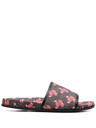 Moschino Brown Illustrated Animals Pool Slides In Pink