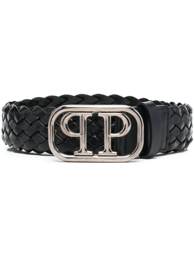 Philipp Plein Logo Buckle Braided Belt In Black