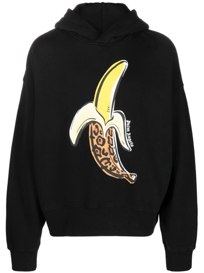 Palm Angels Banana Print Cotton Sweatshirt Hoodie In Black