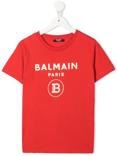 Balmain Kids' Logo-print Short-sleeved T-shirt In Red
