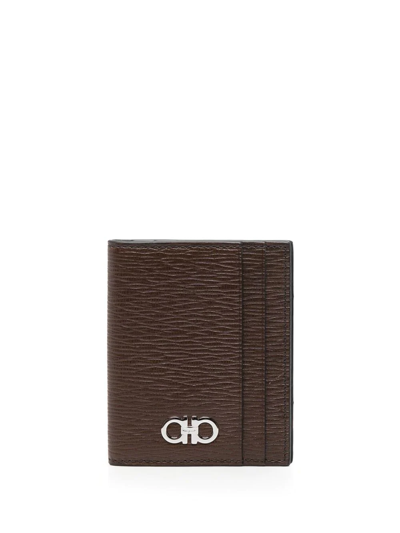 Ferragamo Walnut Brown/black Bi-fold Leather Card Holder In Marrone