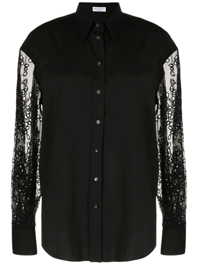 Brunello Cucinelli Sequinned Sheer-sleeve Shirt In Black