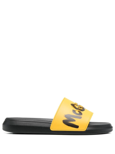 Alexander Mcqueen Graffiti Logo Open Toe Slides In Amarillo