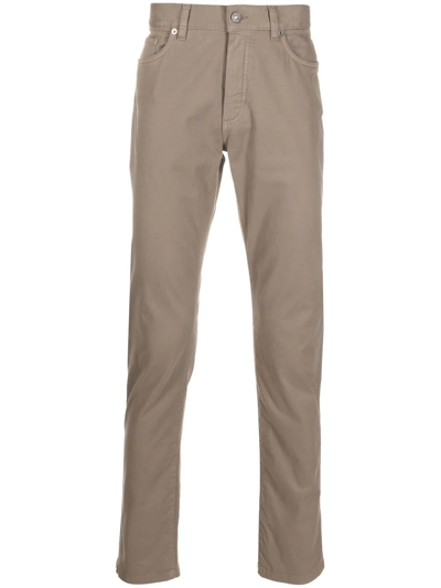 Zegna Logo-tag Five-pocket Straight-leg Trousers In Brown