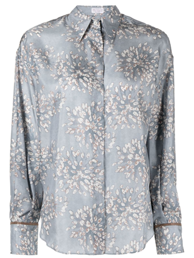 Brunello Cucinelli Broderie Anglaise-print Silk Blouse In Blue