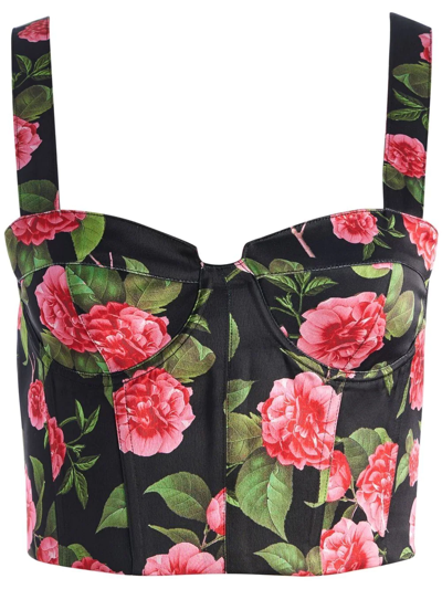 Alice And Olivia Jeanna Floral Bustier Smocked-back Crop Top In Multi-colour