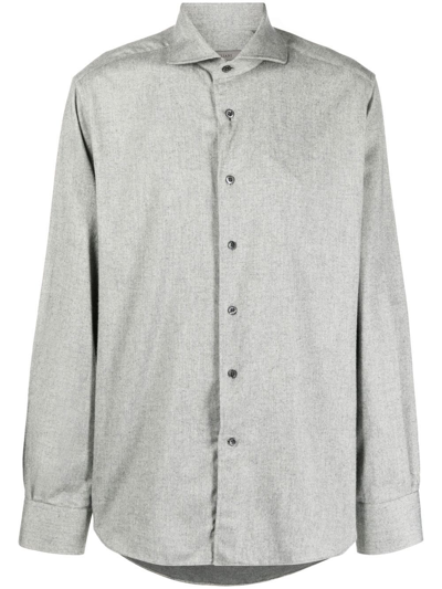 Corneliani Branded-button Curved-hem Regular-fit Cotton-piqué Shirt In Grey