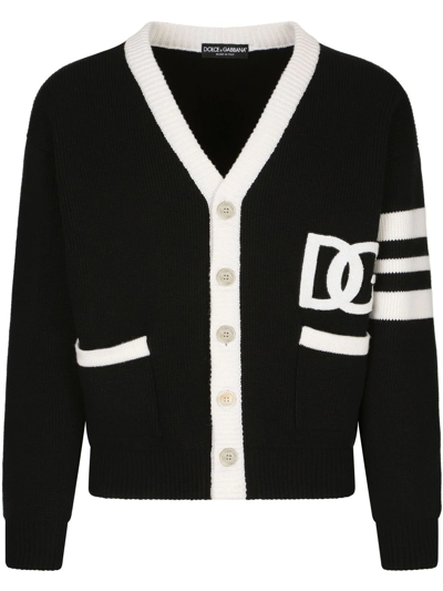 Dolce & Gabbana Dg Logo Virgin Wool Cardigan In Black