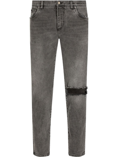 Dolce & Gabbana Distressed Slim-fit Jeans In Grey