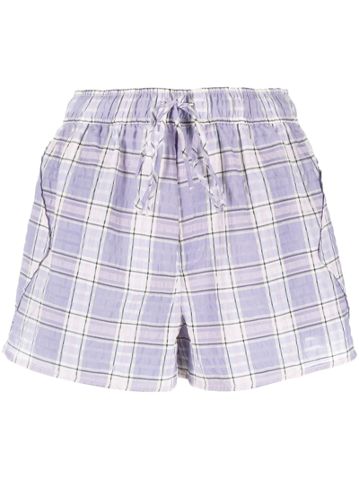 Ganni Checked Organic Cotton-blend Seersucker Shorts In Purple
