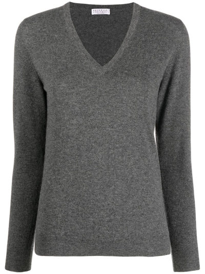 Brunello Cucinelli V-neck Cashmere Jumper In Grey