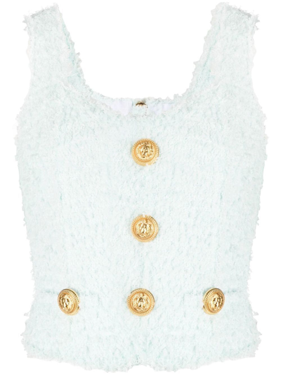 Balmain Button-detail Tweed Cropped Top In Blue