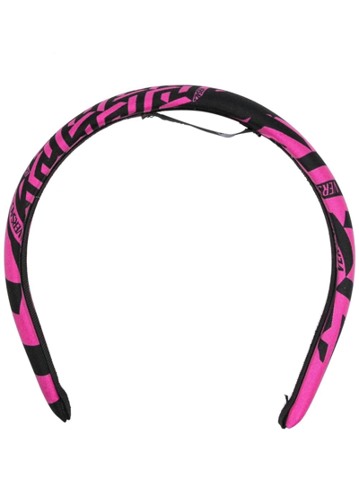Versace Pink And Black La Greca Print Silk Headband In Schwarz