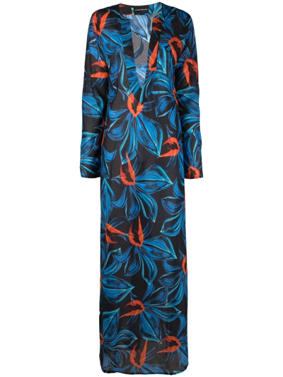 Louisa Ballou Print Cotton And Silk Long Caftan Dress In Night Blooming Orchid
