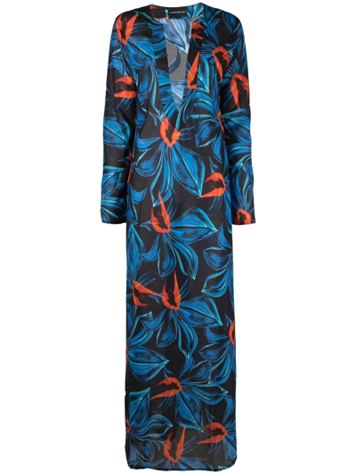 Louisa Ballou Print Cotton And Silk Long Caftan Dress In Black