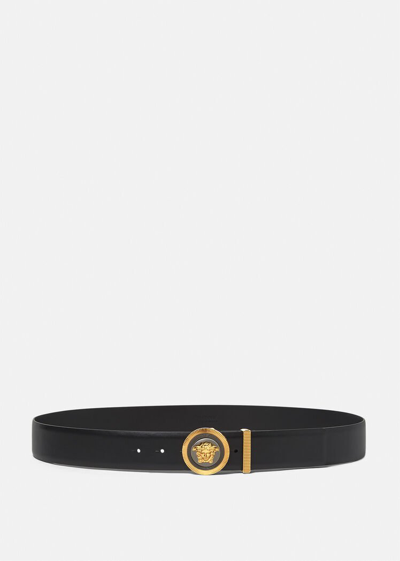 Versace Enamel Medusa Biggie Leather Belt In Black+gold