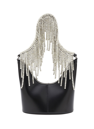 Kara 'bean' Crystal Fringe Handle Leather Shoulder Bag In Black