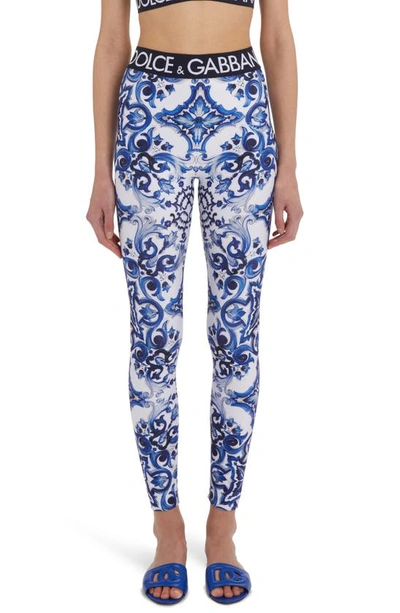 Dolce & Gabbana Blu Mediterraneo Painterly Logo Leggings In White,blue