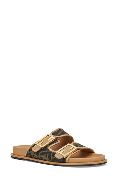 Fendi Ff Jacquard Dual Buckle Slide Sandals In Tobacco,black,dark Honey