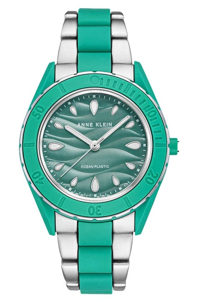 Anne Klein Women's Silver-tone And Pastel Green Solar Ocean Work Plastic Bracelet Watch, 38.5mm In Two-tone