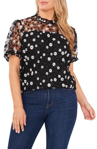 Cece Embroidered Floral Mesh Overlay Blouse In Rich Black