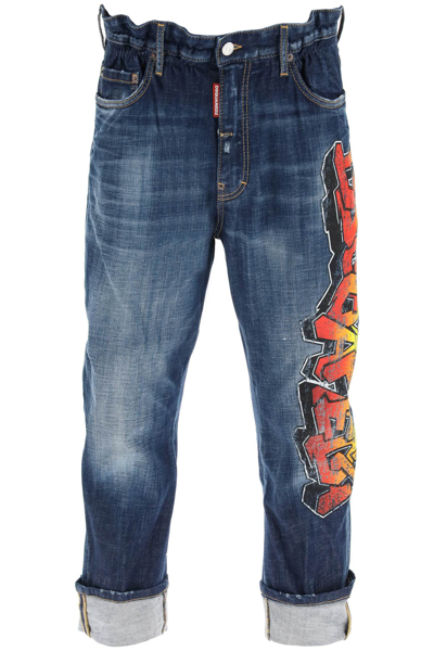 Dsquared2 Dark Clean Wash Big Brother Jeans With Print In Blue