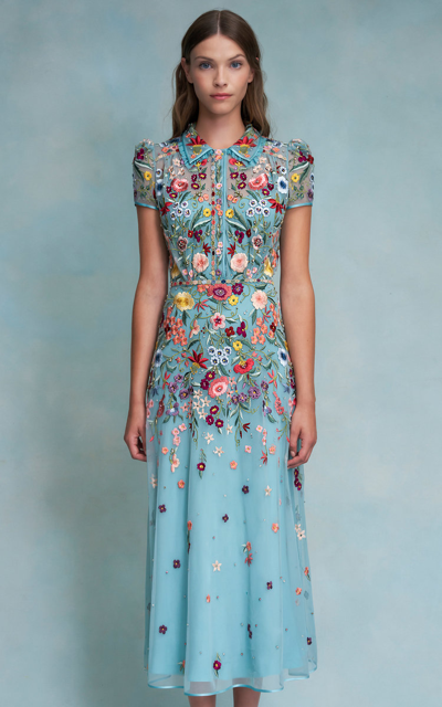 Jenny Packham Petuwia Floral-embroidered Collared Gown In Multi