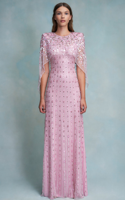 Jenny Packham Nettie Embellished Cape-effect Tulle And Satin Gown In Pink