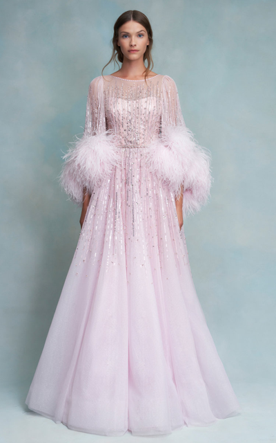 Jenny Packham Women's Lillian Feather-trimmed Tulle Gown In Pink