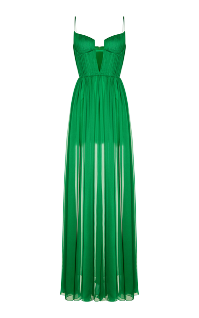 Rasario Green Bustier Cut-out Pleated Gown