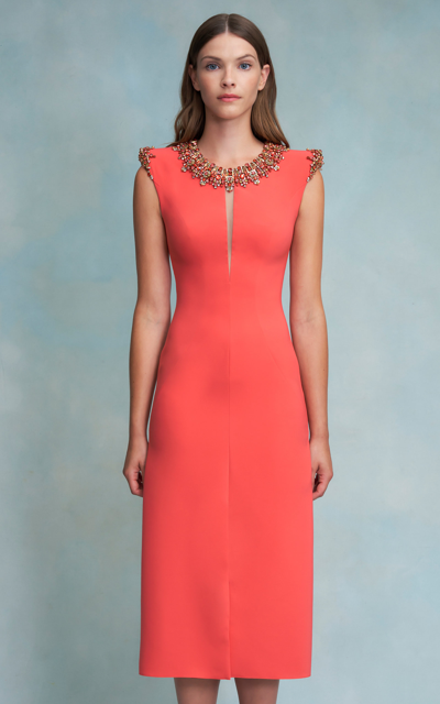 Jenny Packham Embellished Tulle-trimmed Stretch-crepe Midi Dress In Coral Red