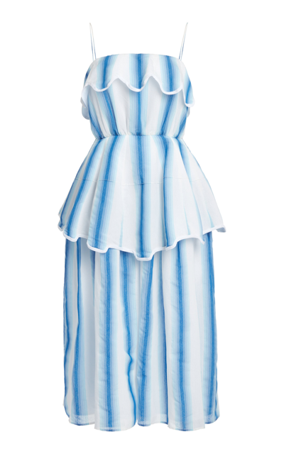 Rosie Assoulin Awning Striped Scalloped Peplum Midi Dress In Blue/white