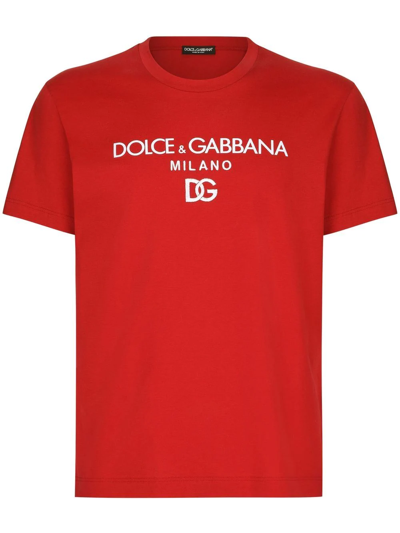 Dolce & Gabbana Jersey Round-neck T-shirt With Dg Milano Embroidery In Red