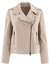 Brunello Cucinelli Asymmetric Suede Biker Jacket In Beige