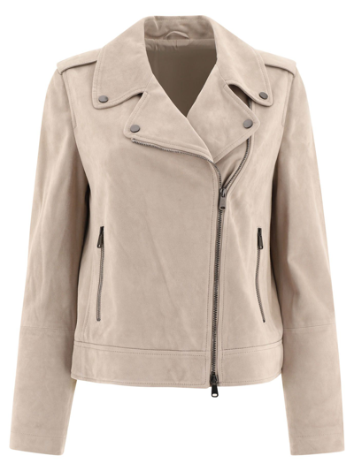 Brunello Cucinelli Asymmetric Suede Biker Jacket In Beige