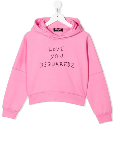 Dsquared2 Kids' Embroidered Cotton Hoodie Sweatshirt In Pink