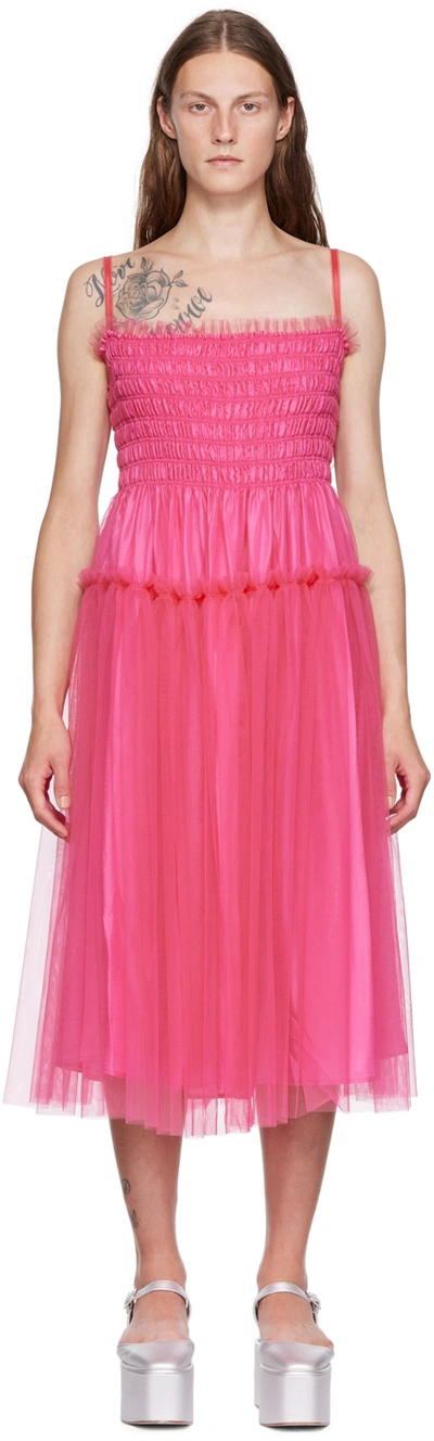 Molly Goddard Shirred Layered Tulle Midi Dress In Pink